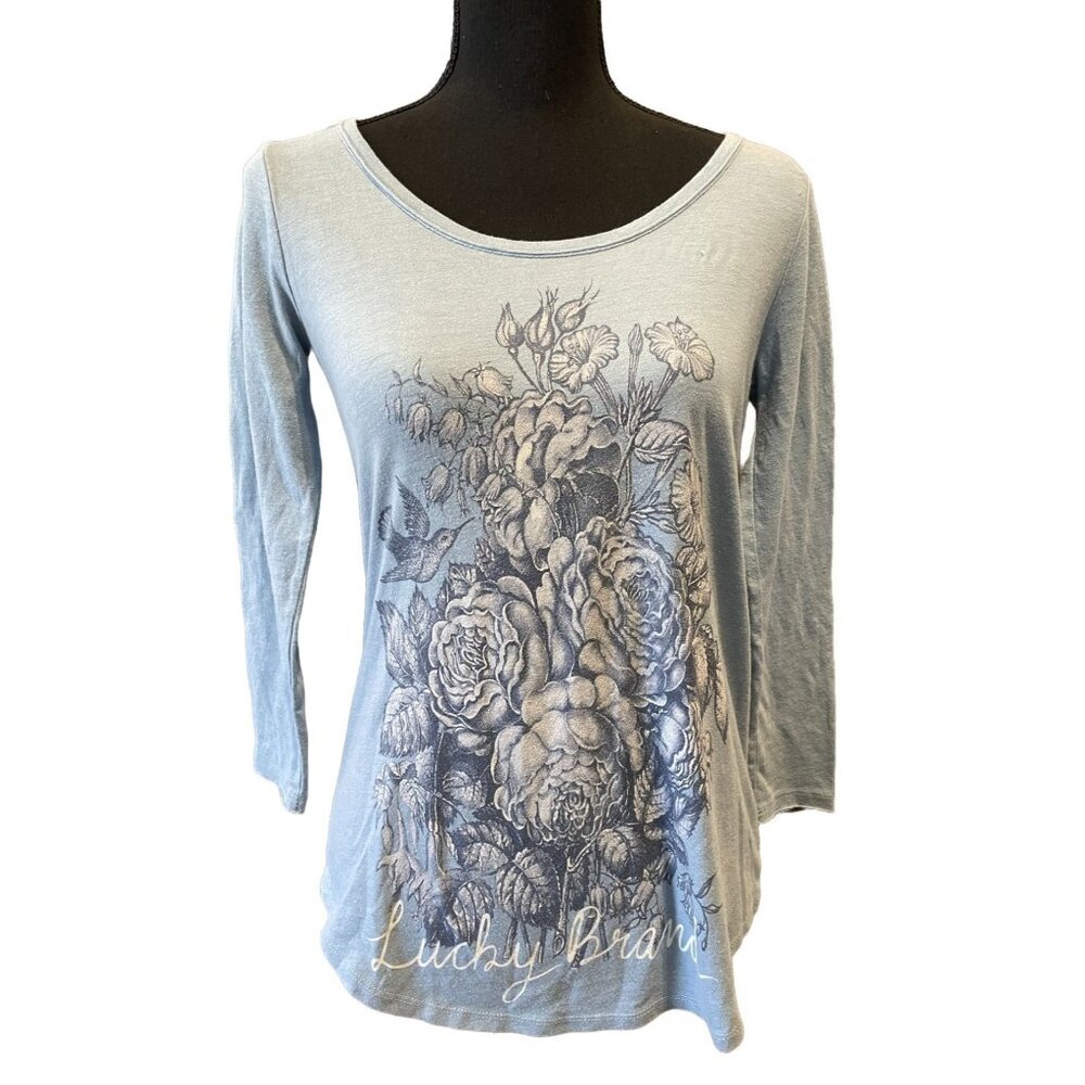 Lucky Brand XS Blue Rose & Hummingbird Graphic Tee Boho Vintage Style 3/4 Sleeve